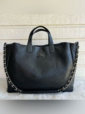 CHANEL Black Quilted Caviar Lady Coco Shopping Tote in Large Flap Shoulder Bag
